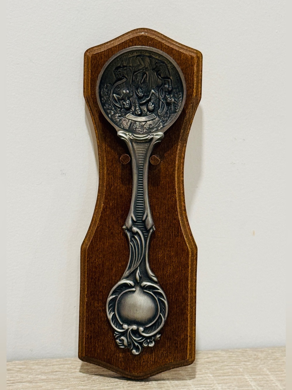Vintage German Pewter Relief Spoon Wall Plaque - Opera Scene